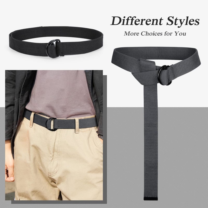 JASGOOD Mens Black Canvas Belt with Black D-ring 1 1/2" Wide Solid Color Extra Long Webbing Belt 2 Pack (Black/Gray,Fit Waist Size 40-45 inch) - Image 2